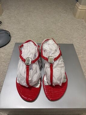 White House Black Market Red T-Strap Sandals with Gem Accent